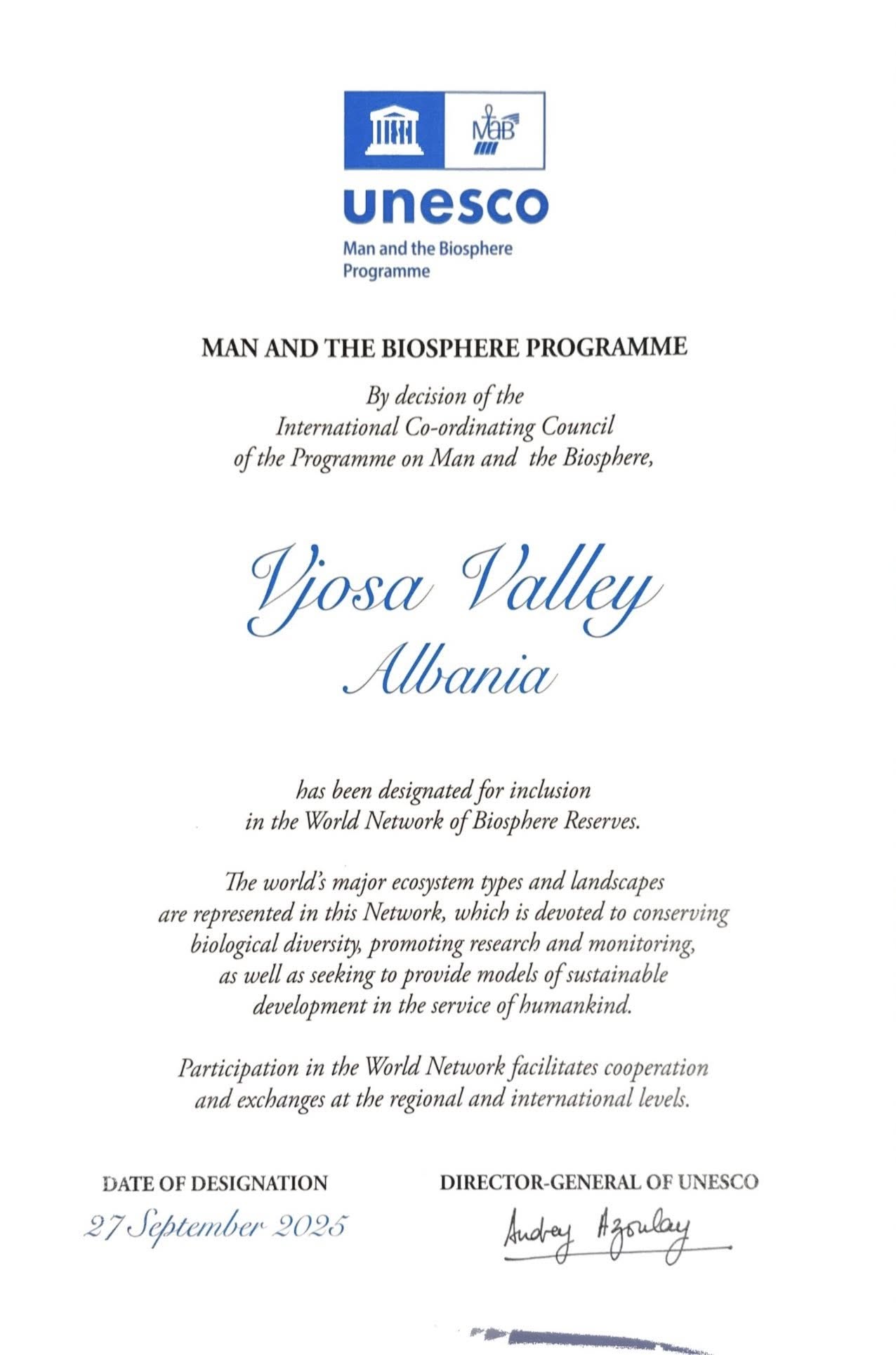 Vjosa shpallet Rezervë e Biosferës, UNESCO